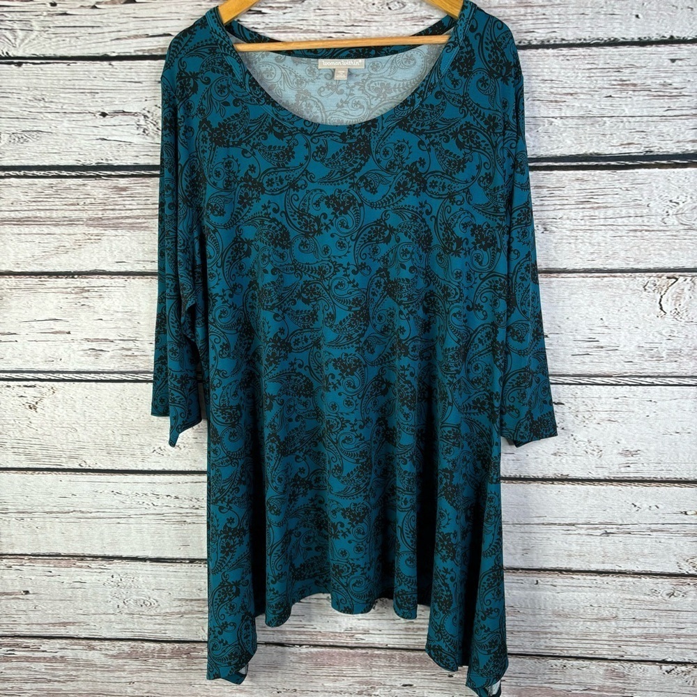 Woman Within Plus Size 22/24 Sharkbite Tunic Deep Teal Black‎ Paisley Print Top